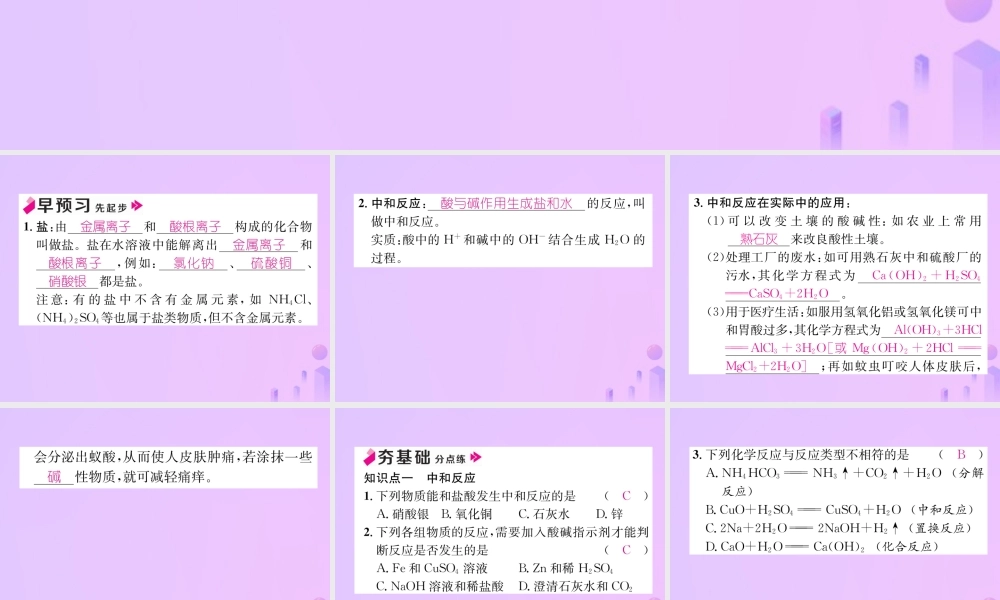 九年级化学下册 第10单元 酸和碱 课题2 酸和碱的中和反应 第1课时 中和反应及其在实际中的应用作业课件 (新版)新人教版 课件