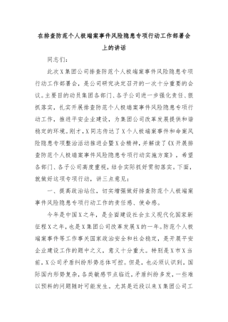 在排查防范个人极端案事件风险隐患专项行动工作部署会上的讲话