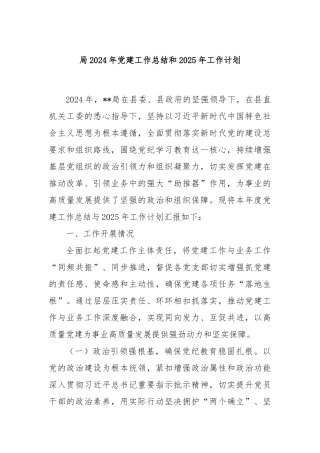 局2024年党建工作总结和2025年工作计划