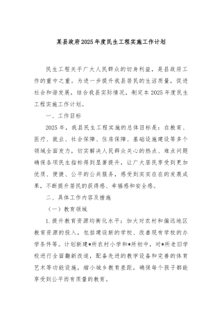 某县政府2025年度民生工程实施工作计划