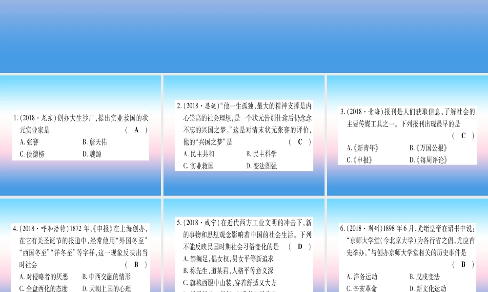 (云南专用)中考历史总复习 第一篇 考点系统复习 板块2 中国近代史 主题六 近代经济、社会生活与文化(精练)课件