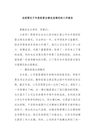 总经理关于年度经营业绩完成情况的工作报告