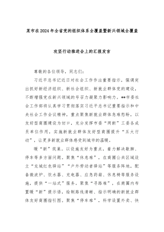 某市在2024年全省党的组织体系全覆盖暨新兴领域全覆盖攻坚行动推进会上的汇报发言
