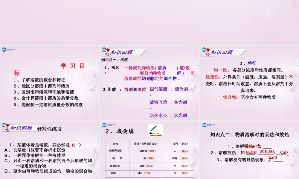 九年级化学全册 30 溶液复习课件 (新版)鲁教版 课件