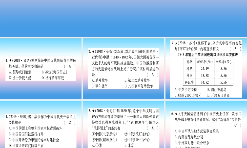 (甘肃专用)中考历史总复习 第一篇 考点系统复习 板块二 中国近代史 主题一 中国开始沦为半殖民地半封建社会(精练)课件