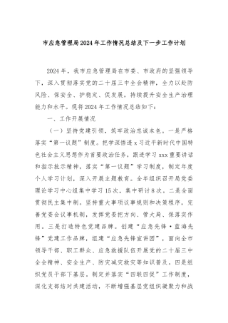 市应急管理局2024年工作情况总结及下一步工作计划
