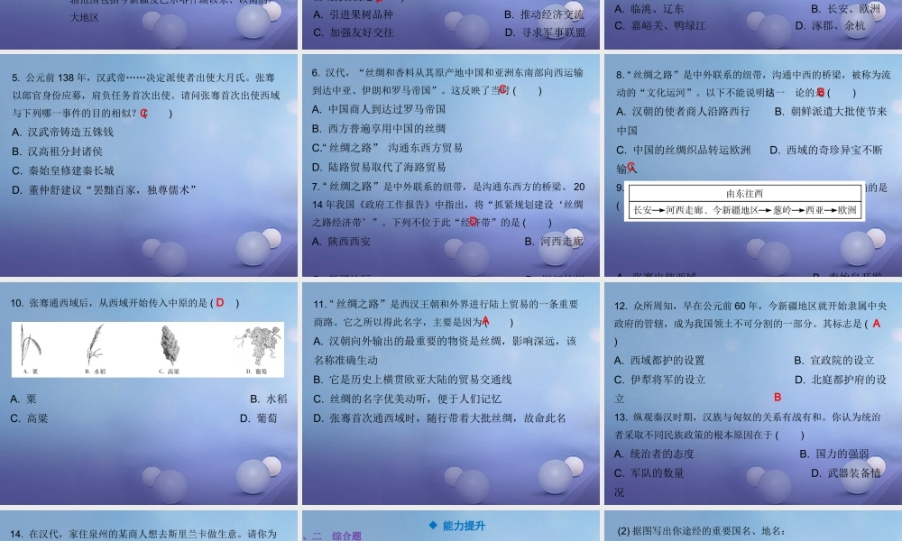 七年级历史上册 第3单元 秦汉时期 统一多民族国家的建立和巩固 第14课 沟通中外文明的 丝绸之路 课件 新人教版 课件