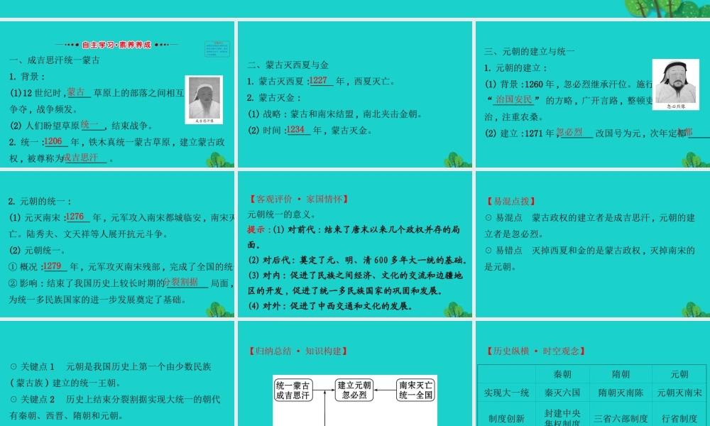 七年级历史下册 第二单元 辽宋夏金元时期：民族关系发展和社会变化 第10课蒙古族的兴起与元朝的建立习题课件 新人教版 课件