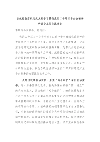在纪检监察机关党支部学习贯彻党的二十届三中全会精神研讨会上的交流发言