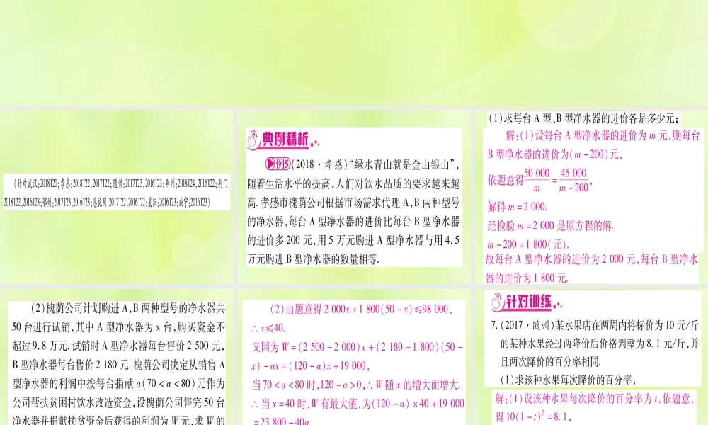 (湖北专用版)版中考数学总复习 第二轮 专项突破3 实际应用与方案设计 类型5 函数与方程(组)、不等式结合的实际应用实用课件