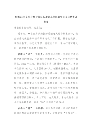 在2024年全市年轻干部队伍建设工作经验交流会上的交流发言