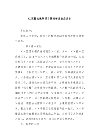 XX区棚改逾期项目推进情况表态发言