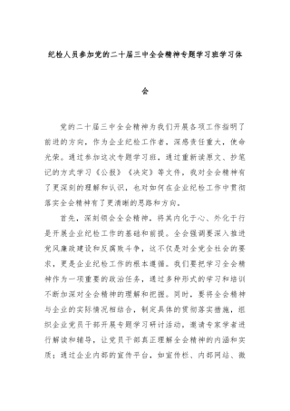 纪检人员参加党的二十届三中全会精神专题学习班学习体会