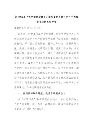 在2024年“抓党建促省属企业高质量发展提升年”工作推进会上的汇报发言