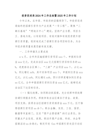 投资促进局2024年工作总结暨2025年工作计划
