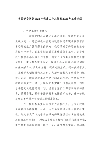 市国资委党委2024年党建工作总结及2025年工作计划