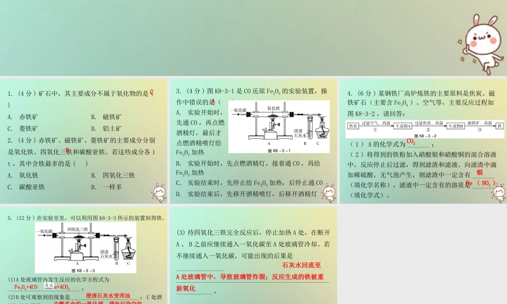 九年级化学下册 第八单元 金属和金属材料 课题3 金属资源的利用和保护 课时1 常见金属矿石和铁的冶炼(小测本)课件 (新版)新人教版 课件