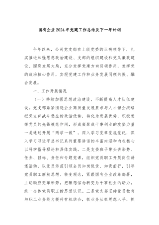 国有企业2024年党建工作总结及下一年计划