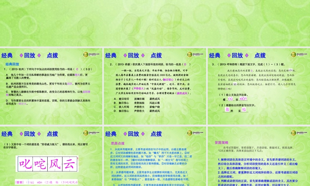 (浙江专版)中考语文总复习 第三讲 词语理解以及运用课件(经典回放点拔考点解读回放考点跟踪突破13中考真题) 课件