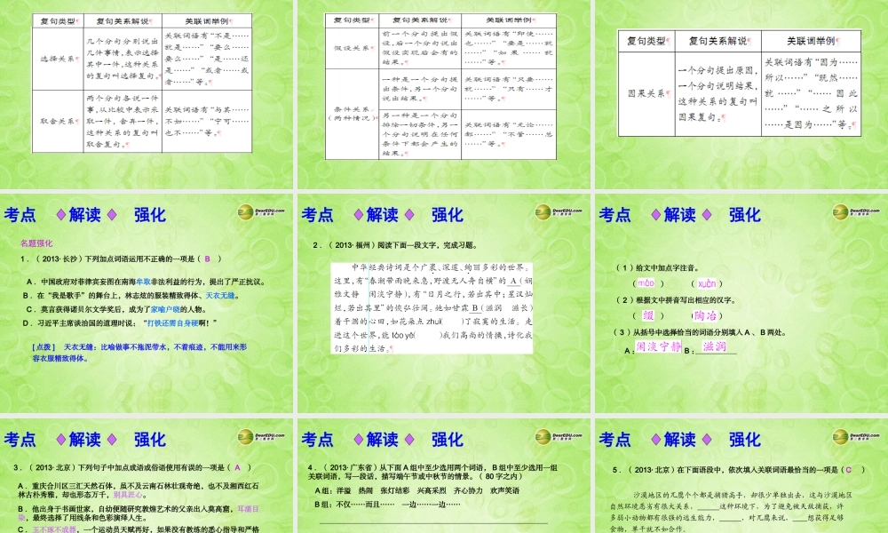 (浙江专版)中考语文总复习 第三讲 词语理解以及运用课件(经典回放点拔考点解读回放考点跟踪突破13中考真题) 课件