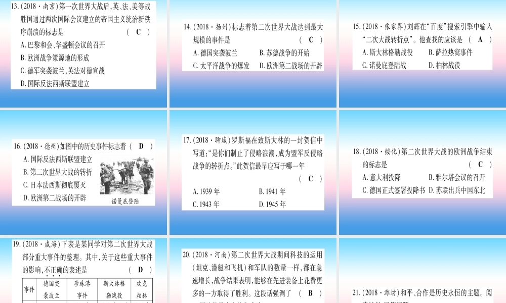 (云南专用)中考历史总复习 第一篇 考点系统复习 板块5 世界现代史 主题二 资本主义经济危机和第二次世界大战(精练)课件