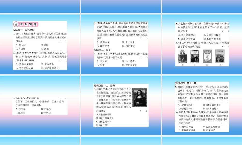 九年级历史上册 第5单元 步入近代 第14课 文艺复兴运动作业课件 新人教版 课件