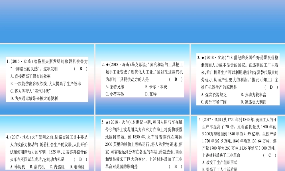 (甘肃专用)中考历史总复习 第一篇 考点系统复习 板块五 世界近代史 主题三 工业革命和工人运动的兴起(精练)课件