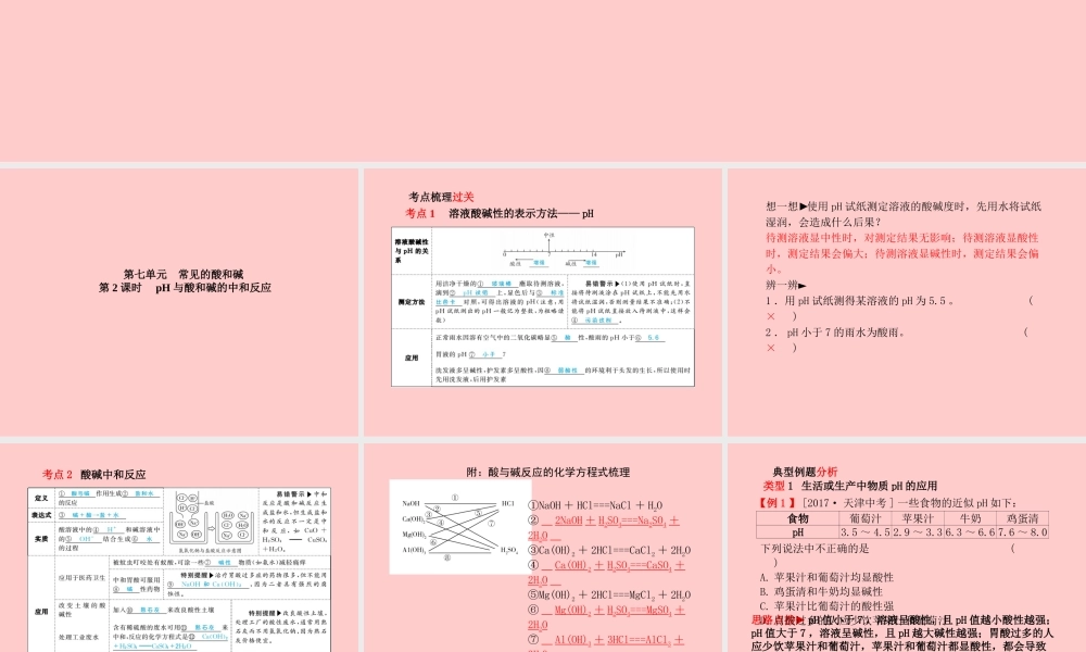 (滨州专版)中考化学总复习 第一部分 系统复习 成绩基石 第七单元 常见的酸和碱 第2课时 pH与酸和碱的中和反应课件 鲁教版 课件