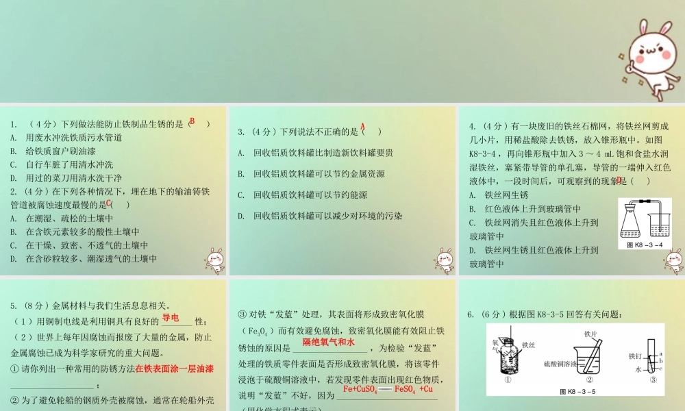 九年级化学下册 第八单元 金属和金属材料 课题3 金属资源的利用和保护 课时2 金属的腐蚀与保护(小测本)课件 (新版)新人教版 课件