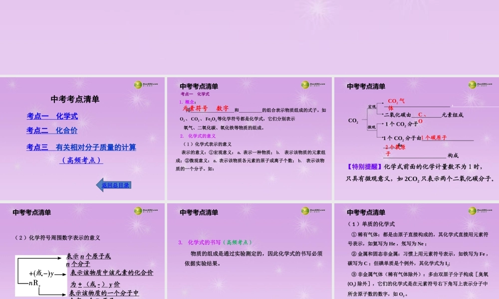 (湖南专用)中考化学总复习 第一部分 第四单元课时2 化学式和化合价课件(考点清单+13年中考试题) 课件