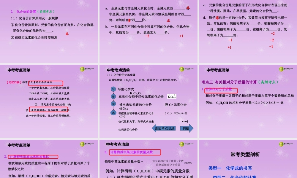 (湖南专用)中考化学总复习 第一部分 第四单元课时2 化学式和化合价课件(考点清单+13年中考试题) 课件