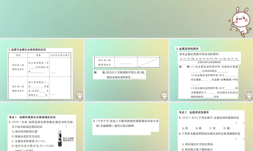 九年级化学下册 第八单元 金属和金属材料 课题2 金属的化学性质 第2课时 金属活动性顺序习题课件 (新版)新人教版 课件
