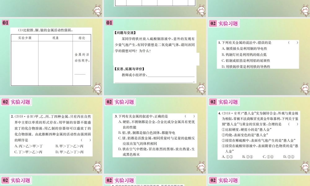 九年级化学下册 第八单元 金属和金属材料 实验活动4 金属的物理性质和某些化学性质习题课件 (新版)新人教版 课件