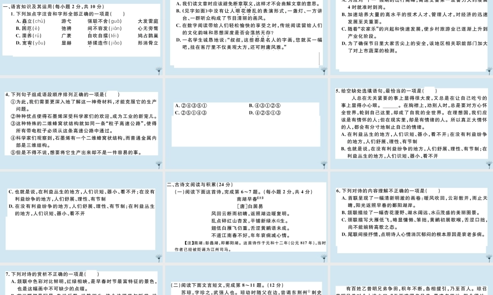 (江西专版)九年级语文上册 第二单元 检测卷作业课件 新人教版 课件