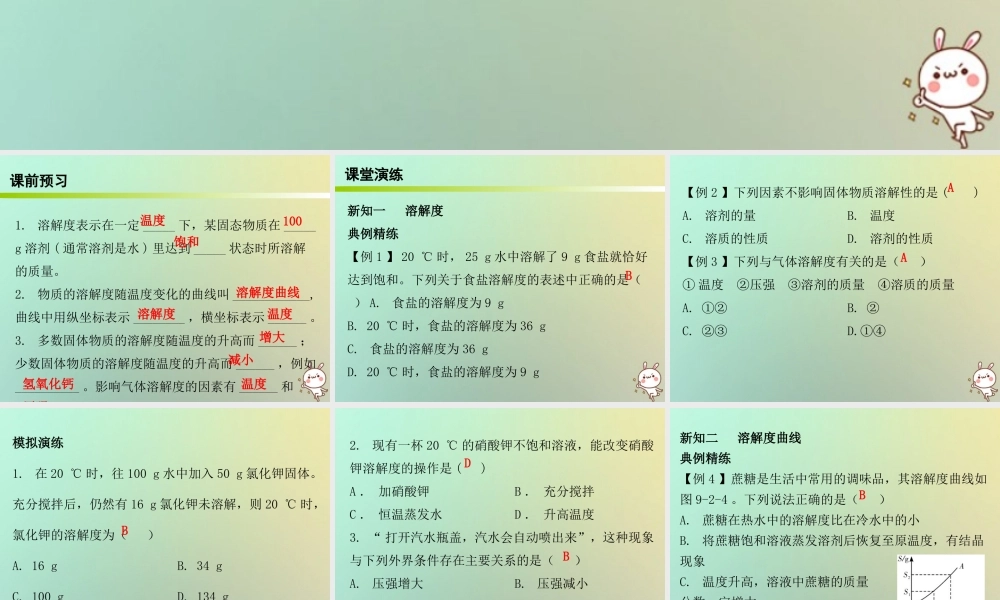 九年级化学下册 第九单元 溶液 课题2 溶解度 课时2 溶解度与溶解度曲线(内文)课件 (新版)新人教版 课件