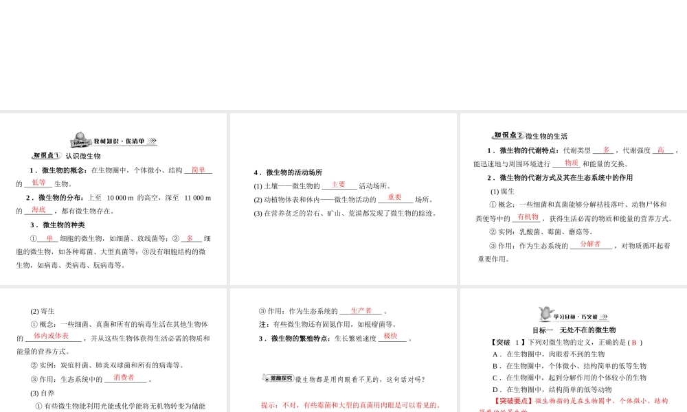 (随堂优化训练)八年级生物上册 第5单元 第18章 第1节 微生物在生物圈中的作用课件 北师大版 课件