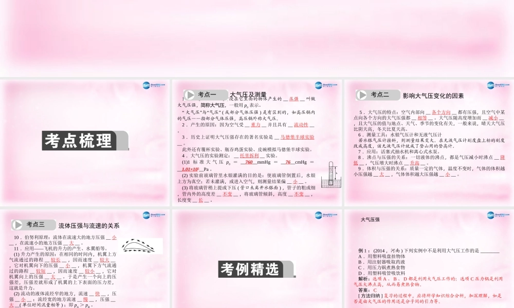 中考物理总复习 第10讲 气体压强　流体压强课件 新人教版 课件