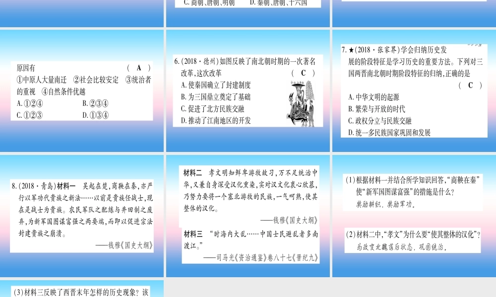 (甘肃专用)中考历史总复习 第一篇 考点系统复习 板块一 中国古代史 主题三 政权分立与民族融合(精练)课件