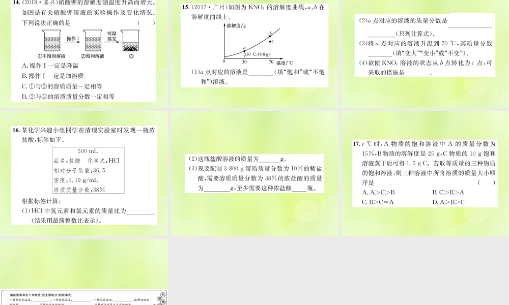 九年级化学下册 第九单元 溶液 课题3 第1课时 溶质的质量分数复习课件 (新版)新人教版 课件