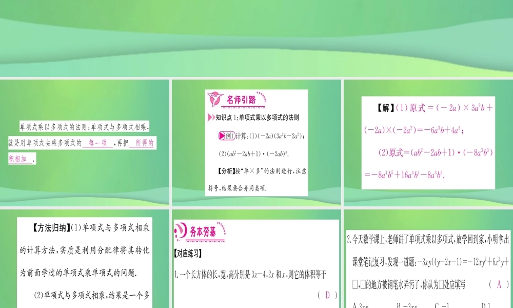 (江西专用)八年级数学上册 第14章 整式的乘法与因式分解 14.1 整式的乘法 14.1.4 整式的乘法 第2课时 单项式乘以多项式作业课件 (新版)新人教版 课件