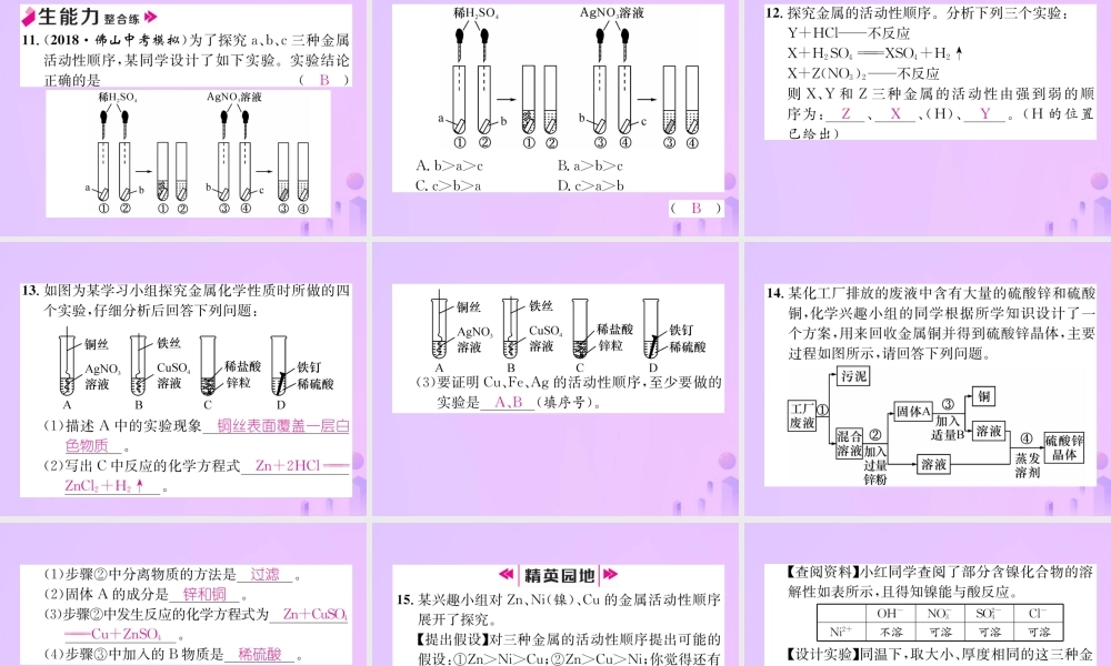 九年级化学下册 第8单元 金属和金属材料 课题2 金属的化学性质 第2课时 金属活动性顺序作业课件 (新版)新人教版 课件