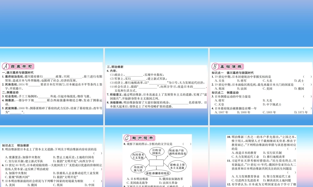 九年级历史下册 第1单元 殖民地人民的反抗与资本主义制度的扩展 第4课 日本明治维新作业课件 新人教版 课件