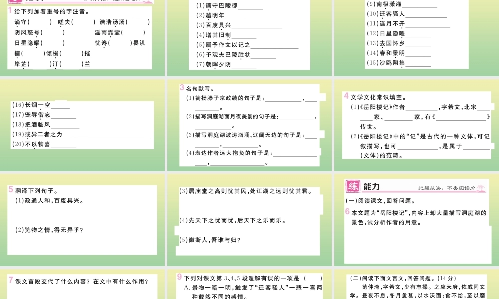 (河北专版)九年级语文上册 第三单元 10 岳阳楼记作业课件 新人教版 课件