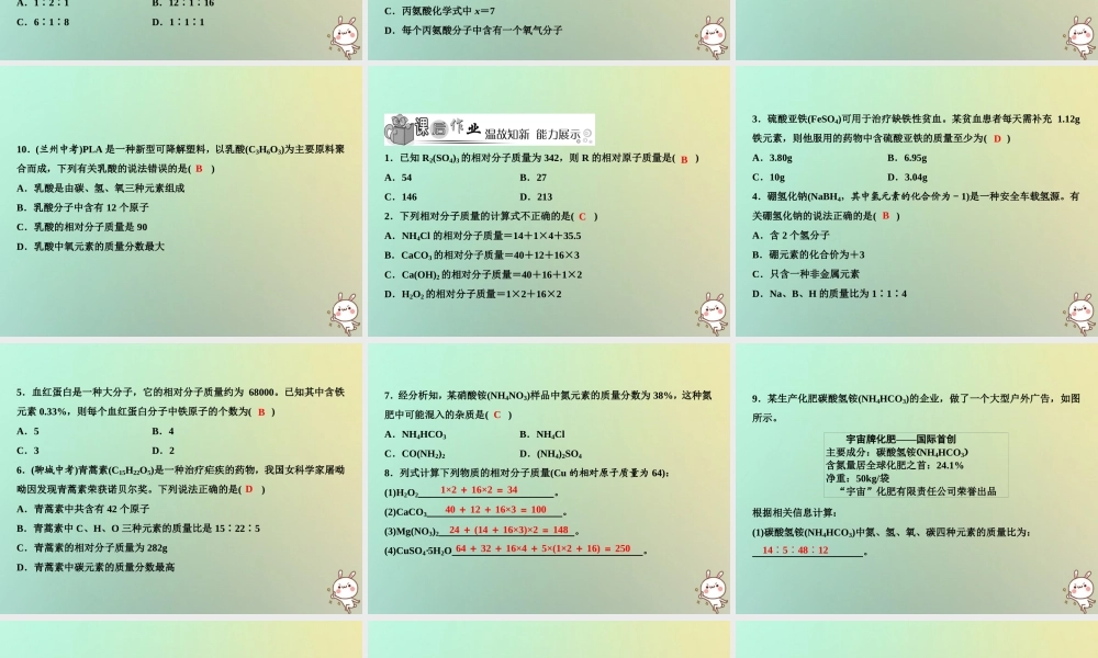 九年级化学上册 第4单元 自然界的水 课题4 化学式与化合价 第3课时 有关相对分子质量的计算作业课件 (新版)新人教版 课件
