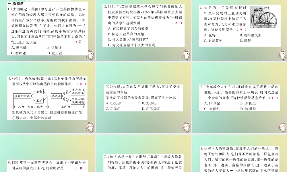 九年级历史上册 第七单元 工业革命、马克思主义的诞生和反殖民斗争 第18课 工业革命习题课件 川教版 课件