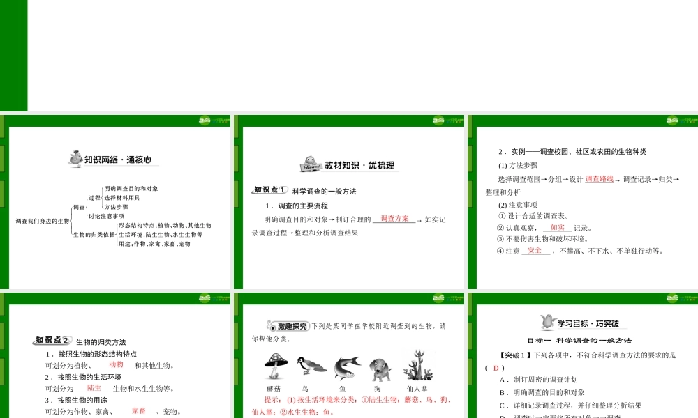 (随堂优化训练)七年级生物上册 第一单元 第一章 第二节 调查我们身边的生物配套课件 人教新课标版 课件