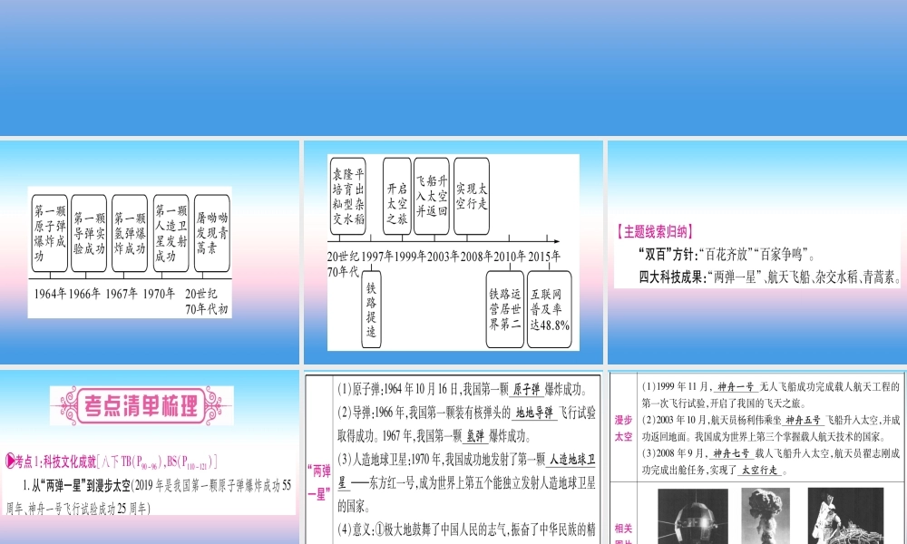 (甘肃专用)中考历史总复习 第一篇 考点系统复习 板块三 中国现代史 主题六 科技文化与社会生活(精讲)课件