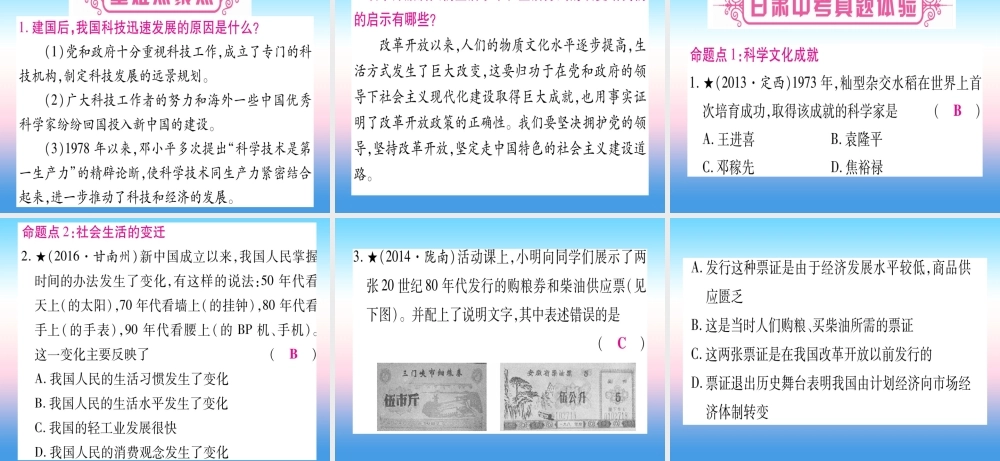 (甘肃专用)中考历史总复习 第一篇 考点系统复习 板块三 中国现代史 主题六 科技文化与社会生活(精讲)课件