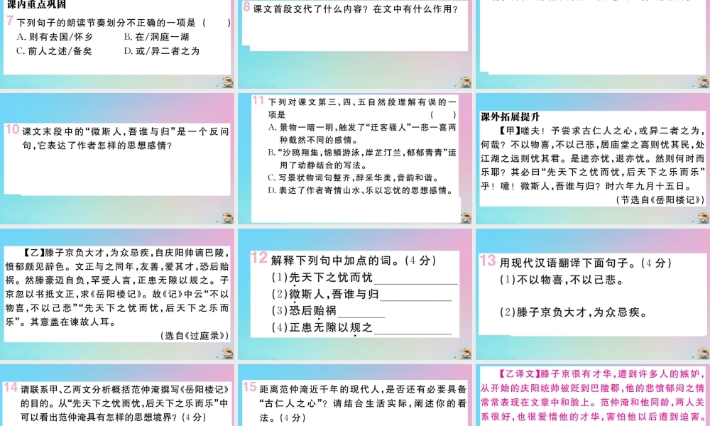 (贵州专版)九年级语文上册 第三单元 10 岳阳楼记作业课件 新人教版 课件