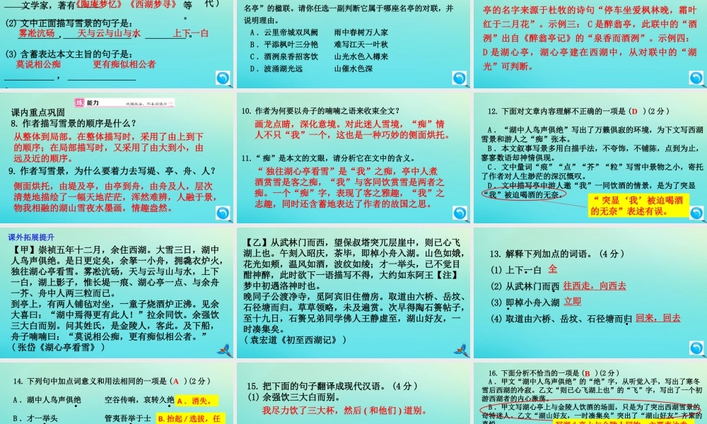 (通用)九年级语文上册 第三单元 12 湖心亭看雪作业课件 新人教版 课件